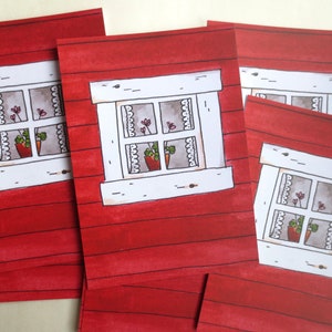 4 Karten Skandinavisches Haus Fenster rot - 4er Set - Druck - Illustration - Postkarte - Erinnerungskarte Schweden - Finnland - Urlaub