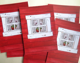 4 cartoline Finestra di casa rossa scandinava - set di 4 - stampa - illustrazione - cartolina - cartolina ricordo - Svezia - Finlandia spedizione postale vacanza