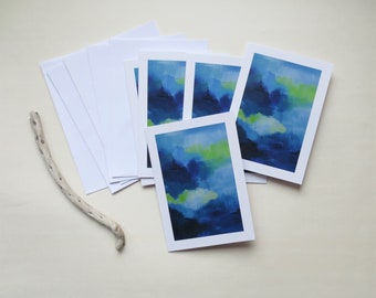 Set of 5 cards SHADES in green and blue - A6 double - envelopes included - greeting card - art abstract card - wishing well hello