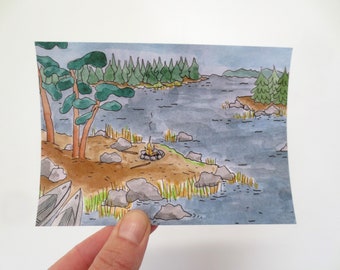 4 cards Campfire by the lake - set - print - illustration - postcard - souvenir card - Sweden - Finland Canada snailmail nordic Scandinavian