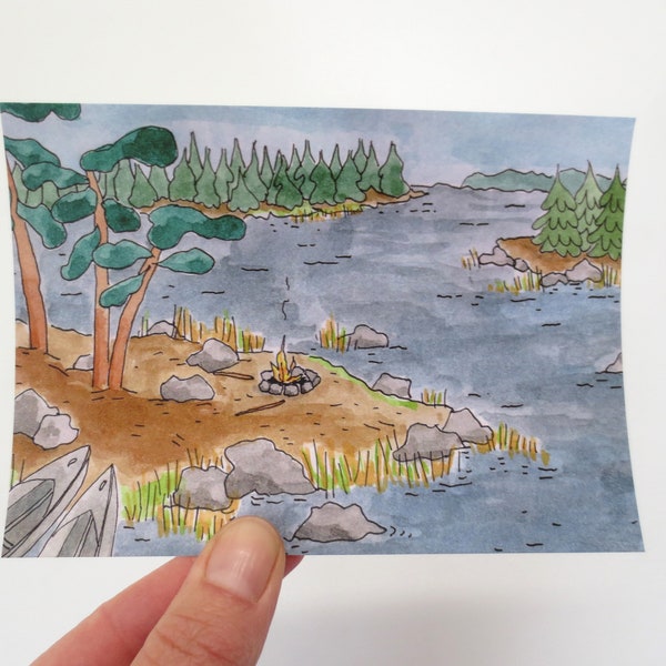 4 cards Campfire by the lake - set - print - illustration - postcard - souvenir card - Sweden - Finland Canada snailmail nordic Scandinavian