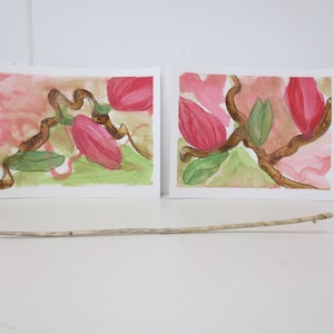 Deux oeuvres d&#39;art originales Magnolia - acrylique sur papier - par ZIZOlabel - ensemble - petit art petit prix - peinture horizontale - nature verte