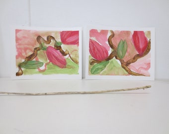 Two original artworks Magnolia tree - acrylic on paper - by ZIZOlabel - set - small art small price - horizontal painting - green nature