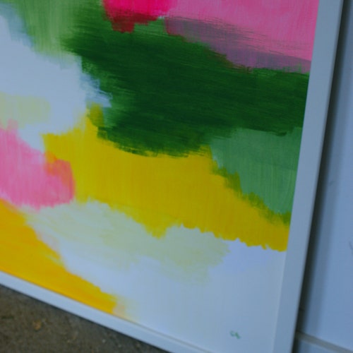 Energy shops Painting no. 2 - Abstract art layers - one of a kind - acrylics on paper - happy painting - green pink yellow - zizolabel