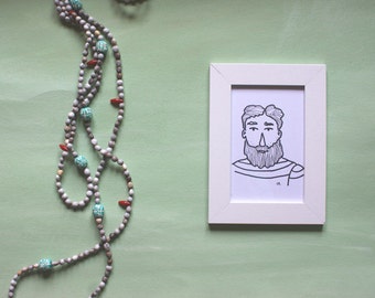 Bearded sailor man portrait drawing - original drawn by hand - A6 black white - wall art - portrait gallery