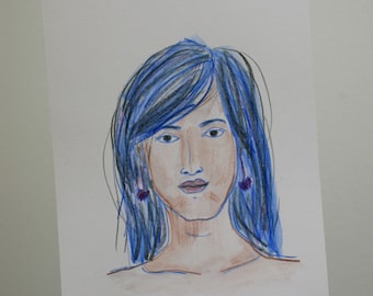 Colour pencil portrait small - female woman - blue hair - unframed - original by ZIZOlabel