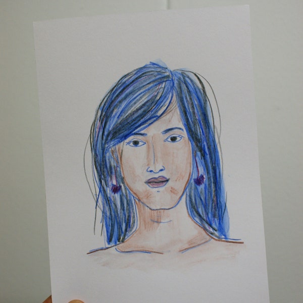 Colour pencil portrait small - female woman - blue hair - unframed - original by ZIZOlabel