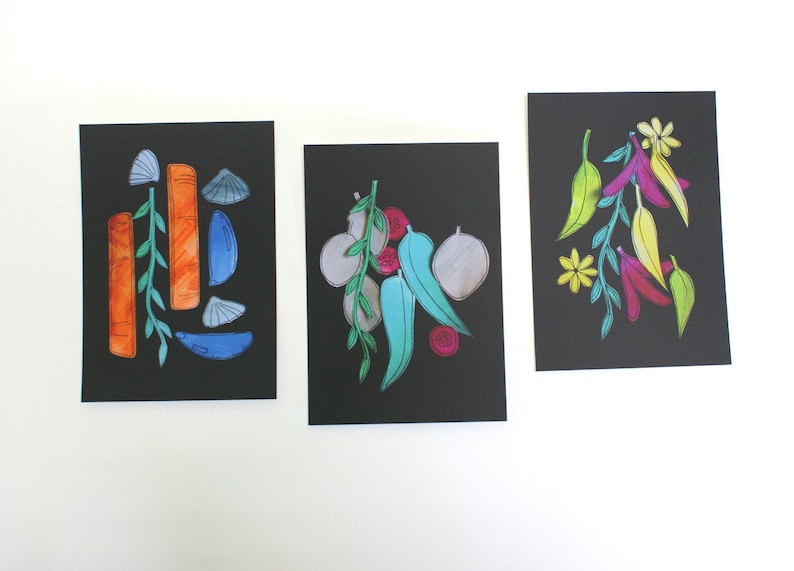 Mini poster card Shells Beach finds Painted paper collage on black paper cut wall art chalkboard style greeting card holiday image 5