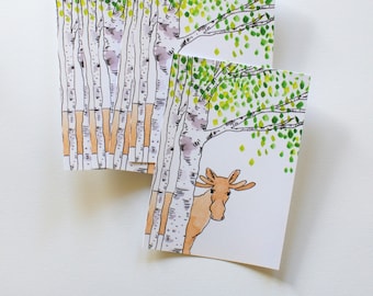 Moose illustration card - set of 4 - print - postcard - souvenir card - Sweden - Finland snailmail holiday - moose and birch trees - hello