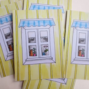 4 Karten Set Skandinavisches Haus Fenster gelb - Set - Druck - Illustration - Postkarte - Erinnerungskarte Schweden Finnland - Schneckenhaus Urlaub nordisch