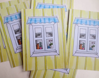 4 cards Scandinavian house window yellow - set - print - illustration - postcard - souvenir card - Sweden - Finland snailmail holiday nordic