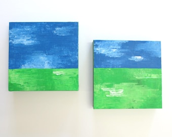 Horizon series - small abstract landscape painting - set of two - green pastures - wall art - textured painting set - sky meadow space