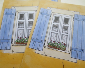 4 cards Southern Europe house window ocre - set of 4 - print - illustration - postcard - souvenir card - France - Italy snailmail holiday