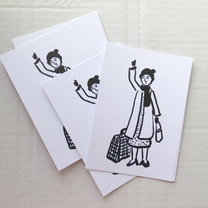 Hola tarjeta - Mujer con maleta - tarjeta de dibujo de tinta - conjunto de 4 - impresión - esperando - postal - tarjeta - correo de caracol de dibujo blanco negro