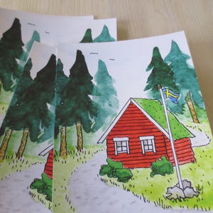 4 kaarten Huis in Zweden - Scandinavie vakantie - hallo kaart postkaart - snailmail - souvenir - rood huis - cabin in the woods - groetjes