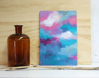 Abstract painting Shades on small wooden panel - original - pink and turquoise colours - dreamy art - decorative wall art