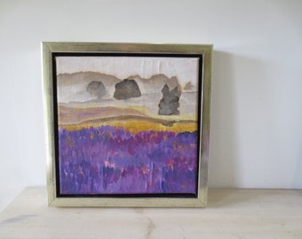 Painting Heather landscape - fields - original - framed - small art - heather meadow purple August Autumn Fall