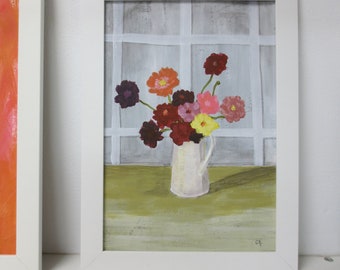 Painting vase flowers - still life - original acrylic painting by ZIZOlabel - soft tones - framed