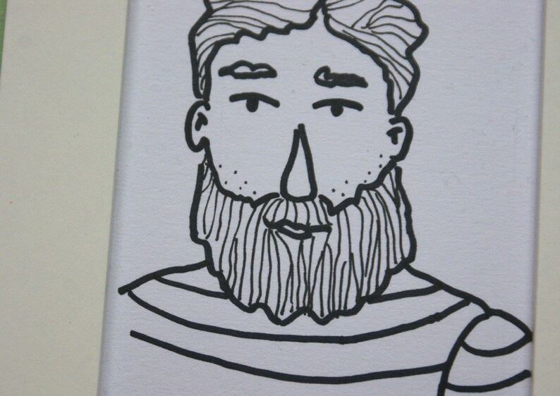 Portret tekening matroos met baard origineel met de hand getekend zwart wit portret grafische stijl afbeelding 2