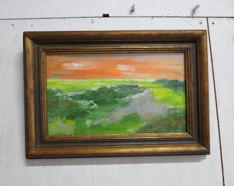 Abstract landscape painting in antique frame - original by ZIZOlabel - acrylic on paper- horizon - horizontal painting art abstract