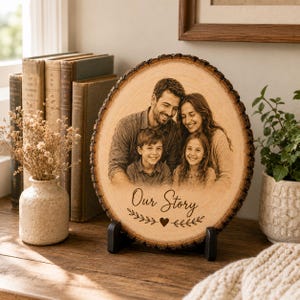 Peut inclure: Une plaque circulaire en tranche de bois présentant un portrait gravé au laser d'une famille de quatre personnes. Le texte "Our Story" est gravé sous le portrait, accompagné d'un petit cœur et de motifs de feuilles. Supportée par un socle noir.