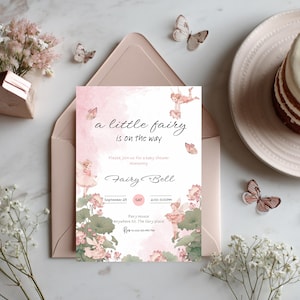 A Little Fairy Is On The Way Baby Shower Invite, Enchanted Garden Girl Shower Template, Editable Canva Instant Download
