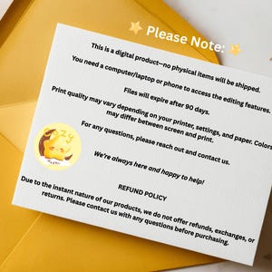 May include: A white card with text, placed on a yellow envelope. The card includes a "Please Note" section and a "Refund Policy". A small round sticker with a cartoon star is on the card. Gold star decorations are scattered around the card.