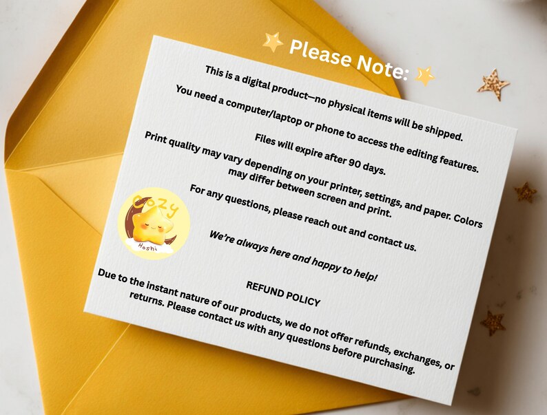 May include: A white card with text, placed on a yellow envelope. The card includes a "Please Note" section and a "Refund Policy". A small round sticker with a cartoon star is on the card. Gold star decorations are scattered around the card.
