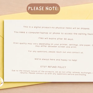 May include: A cream-colored card with text, placed inside a yellow envelope. The card states that the product is digital, no physical items will be shipped, and files expire after 90 days. The card also includes an Etsy refund policy.