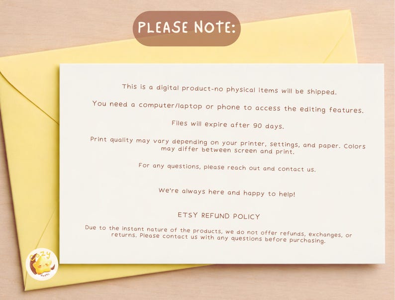 May include: A cream-colored card with text, placed inside a yellow envelope. The card states that the product is digital, no physical items will be shipped, and files expire after 90 days. The card also includes an Etsy refund policy.