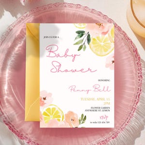 Rosa Limonade-Babyparty-Einladung Zitrus-Baby-Mädchen einladen Bearbeitbare Sommer-Babyparty-Vorlage Blumen-Zitronen-Baby-Einladung Sofort-Download