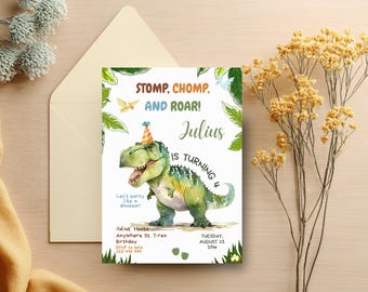 Pastel Dinosaur Birthday Invitation Boy Dinosaur Party Invite Editable 4th Birthday Template Printable T-rex Birthday Evite for Boys