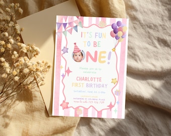 Fun to Be One Colorful Party Invitation Editable Canva Template Girl 1st Birthday Invite Girls Just Wanna Be One Birthday Digital Download