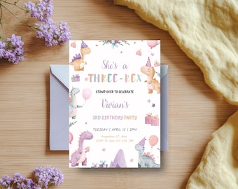 May include: A birthday party invitation with a dinosaur theme. The invitation features the text "She's a THREE-REX" and "Vivian's 3rd Birthday Party". The design includes illustrations of dinosaurs, balloons, and gifts, with a light purple envelope.