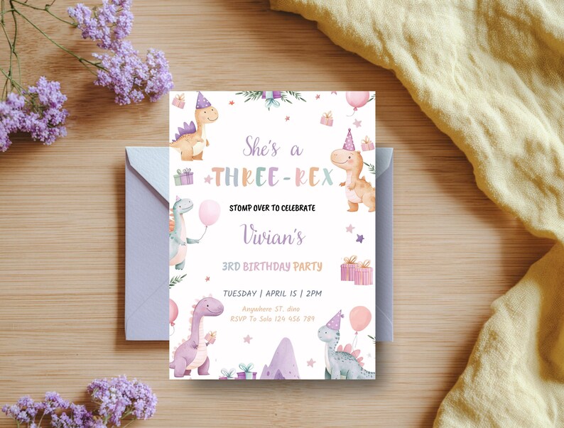 May include: A birthday party invitation with a dinosaur theme. The invitation features the text "She's a THREE-REX" and "Vivian's 3rd Birthday Party". The design includes illustrations of dinosaurs, balloons, and gifts, with a light purple envelope.