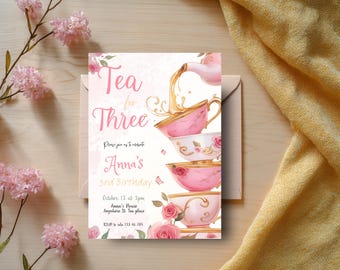 Tea birthday invitation Tea for Three 3rd birthday party invite pink floral tea party editable template elegant girl tea birthday invitation