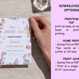 May include: A birthday party invitation with a dinosaur theme. The invitation features the text "She's a THREE-REX" and "Vivian's 3rd Birthday Party". The design includes illustrations of dinosaurs, balloons, and gifts in pastel colors.