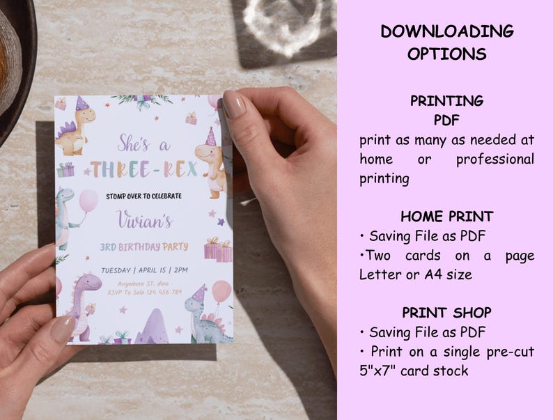 May include: A birthday party invitation with a dinosaur theme. The invitation features the text "She's a THREE-REX" and "Vivian's 3rd Birthday Party". The design includes illustrations of dinosaurs, balloons, and gifts in pastel colors.