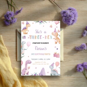 May include: A birthday party invitation with a dinosaur theme. The invitation features watercolor illustrations of dinosaurs, balloons, and gifts. The text reads "She's a THREE-REX" and invites guests to celebrate Vivian's 3rd birthday.