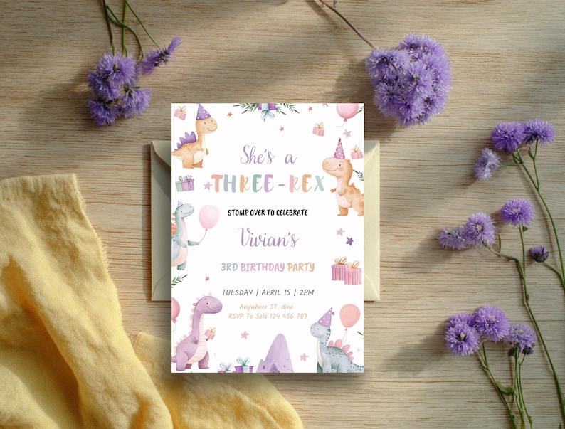 May include: A birthday party invitation with a dinosaur theme. The invitation features watercolor illustrations of dinosaurs, balloons, and gifts. The text reads "She's a THREE-REX" and invites guests to celebrate Vivian's 3rd birthday.