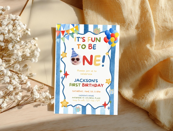 It’s Fun to Be One 1st Birthday Invitation Editable Canva Template Colorful Kids Birthday Invite First Birthday Party Instant Download