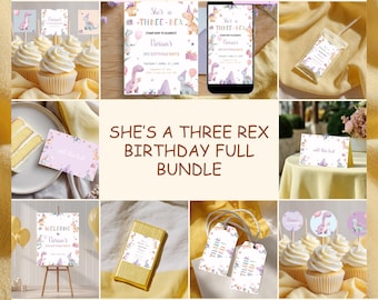 Dinosaur girl birthday invitation She's a Three Rex 3rd birthday invite editable template pink dino party bundle digital girl invitation
