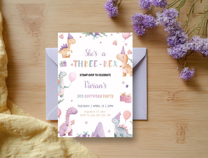 May include: A birthday invitation with a dinosaur theme. The invitation features illustrations of dinosaurs, balloons, and gifts, with text that reads "She's a THREE-REX" and details for a 3rd birthday party. The invitation is on a white background.