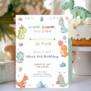 May include: A colorful birthday invitation with dinosaur illustrations. The invitation reads "STOMP, CHOMP, AND CHEW, OUR LITTLE DINO IS TWO!" and includes party details. A cake with a dinosaur topper and gifts are in the background.