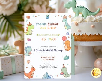 Stomp Chomp & Chew Our Little Dino Is Two Invitation Template – Editable Canva 2nd Birthday Dino Boy Party Instant Download