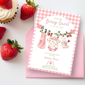 Invitation de baby shower douce baies thème fraise fille coquette modifiable baby shower inviter noeud rose baby shower en téléchargement numérique