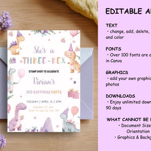 May include: A birthday party invitation with a dinosaur theme. The invitation features the text "She's a THREE-REX" and "Vivian's 3rd Birthday Party". The design includes illustrations of dinosaurs, balloons, and gifts, in pastel colors.