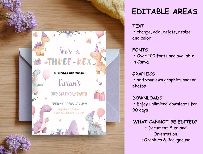 May include: A birthday party invitation with a dinosaur theme. The invitation features the text "She's a THREE-REX" and "Vivian's 3rd Birthday Party". The design includes illustrations of dinosaurs, balloons, and gifts, in pastel colors.