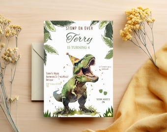 Stomp On Over he's Turning 4! Green Roaring T-Rex 4th Birthday Invite Template Editable Canva, Instant Digital Download