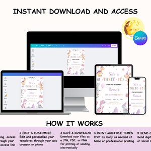 May include: A digital download product displayed on a laptop, desktop, tablet, and phone. The screens show a birthday party invitation with a dinosaur theme. Text includes "She's a THREE-REX" and "Instant Download and Access".
